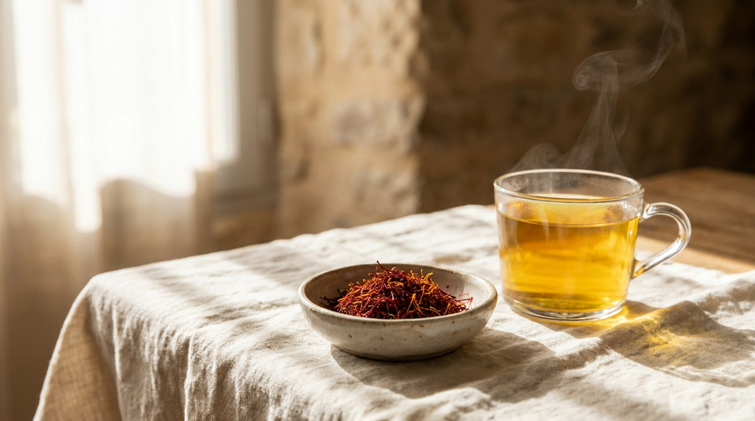 A dish of saffron threads and a cup of golden saffron tea in warm morning light