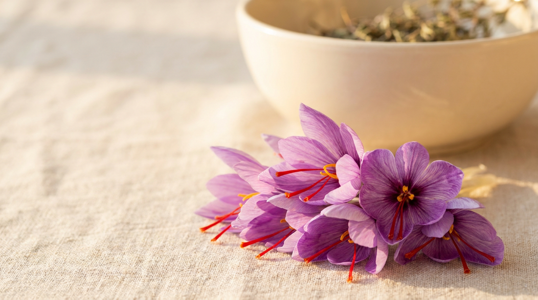 Purple saffron crocus flowers with red stigmas in warm morning light