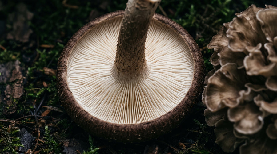 The underside of a shiitake mushroom cap showing fine cream radial gills, with the ruffled edge of a maitake cluster beside it, on a dark mossy ground