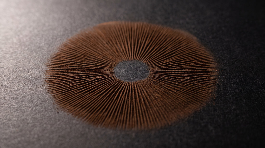 A mushroom spore print on matte black paper: a circle of fine cocoa-brown spore dust with straight lines radiating from a clear centre