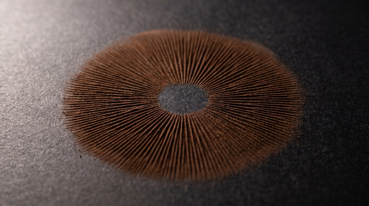 A mushroom spore print on matte black paper: a circle of fine cocoa-brown spore dust with straight lines radiating from a clear centre