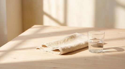 Morning sunlight falling across a plain wooden table with a folded linen napkin and a glass of water