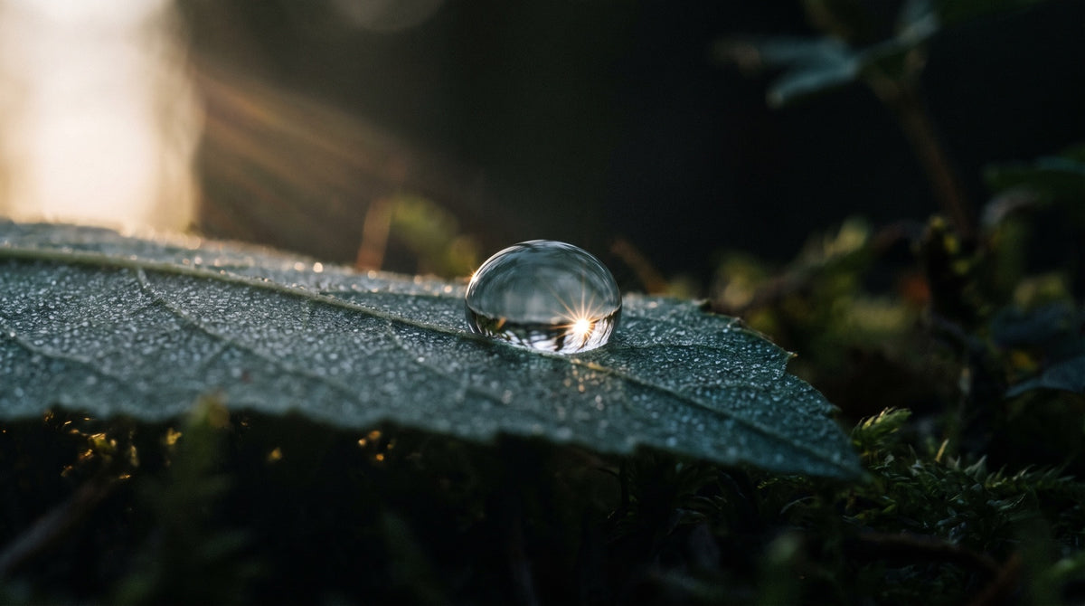A single clear water droplet on a dark green leaf with low morning sunlight refracting through it into a small starburst
