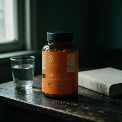 A bottle of Novera RENEW resting on a worn wooden table beside a glass of water and a book in soft window light