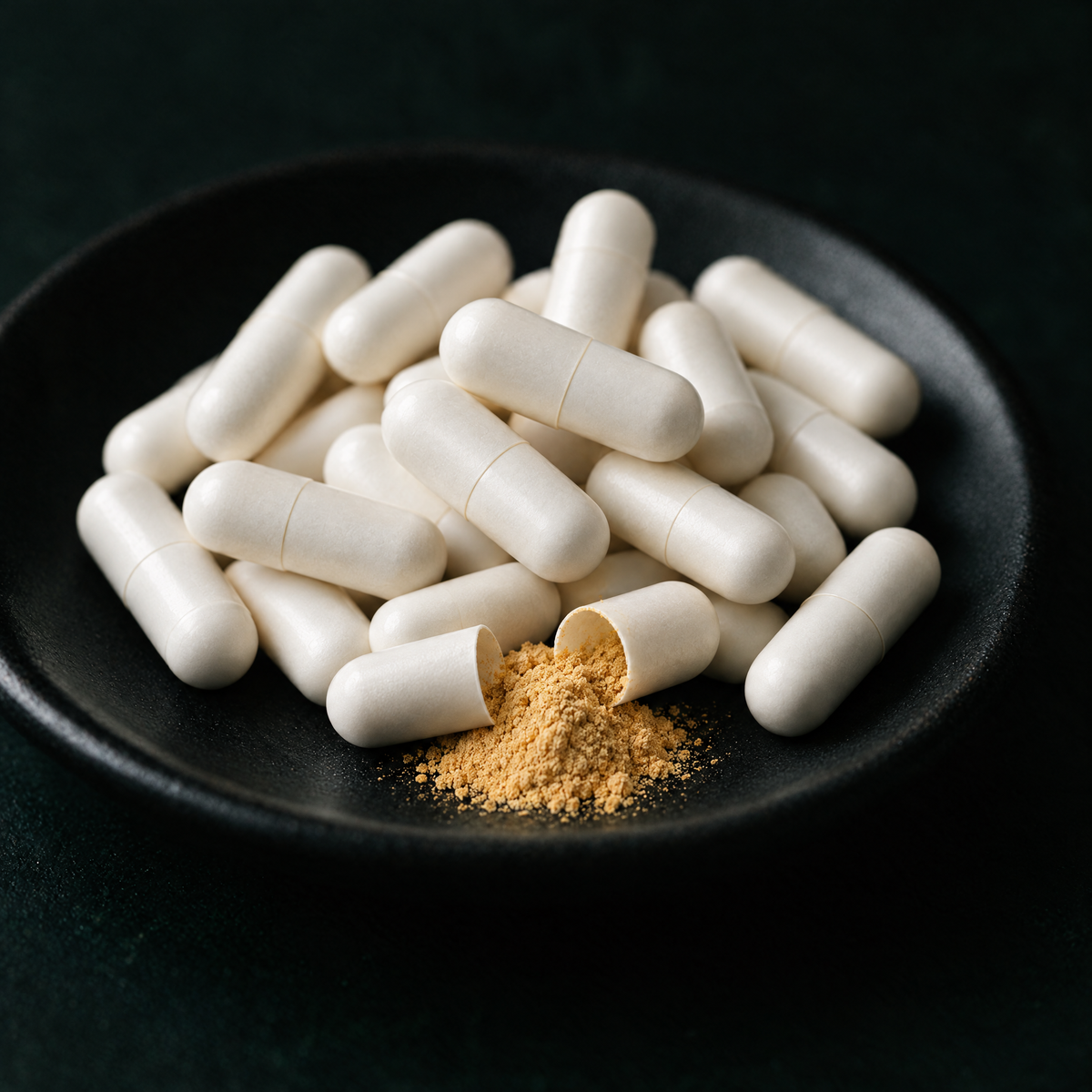 Close-up of RENEW's white vegetable capsules in a small dark dish, one opened to show the light golden-brown powder inside