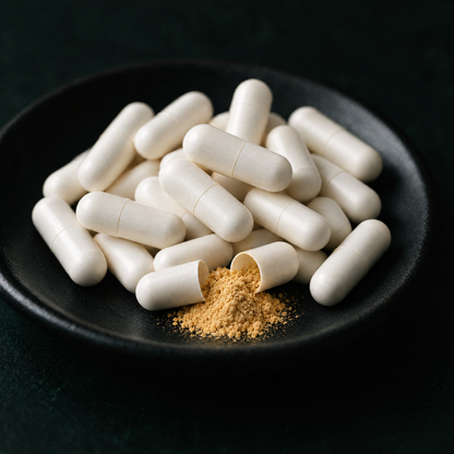 Close-up of RENEW's white vegetable capsules in a small dark dish, one opened to show the light golden-brown powder inside