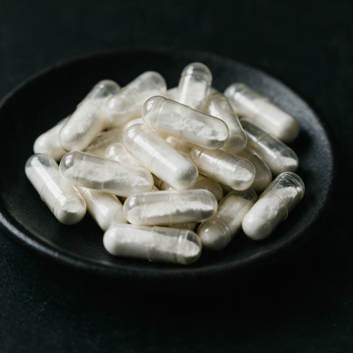 Close-up of RENEW's clear vegetarian capsules filled with white powder in a small dark dish