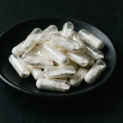 Close-up of RENEW's clear vegetarian capsules filled with white powder in a small dark dish