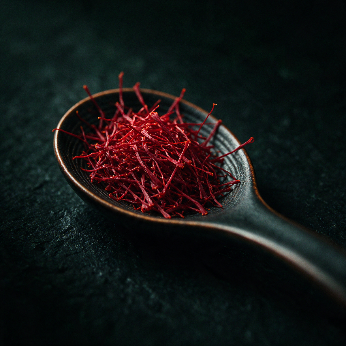 Macro photograph of deep red saffron threads in a dark spoon, the saffron used in RENEW