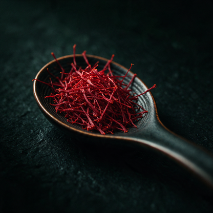 Macro photograph of deep red saffron threads in a dark spoon, the saffron used in RENEW