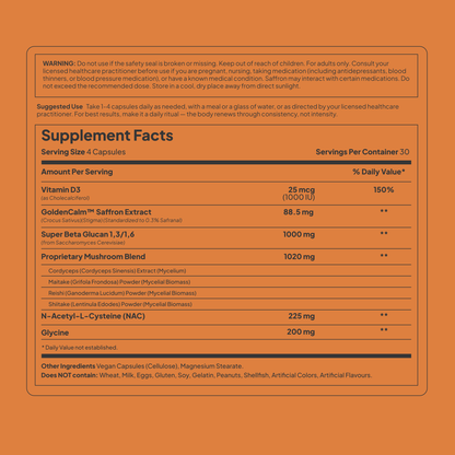 RENEW Supplement Facts panel: serving size 4 capsules, 30 servings per container — vitamin D3 25 mcg, GoldenCalm saffron extract 88.5 mg, Super Beta Glucan 1,3/1,6 1000 mg, proprietary mushroom blend 1020 mg, NAC 225 mg, glycine 200 mg; other ingredients vegan cellulose capsules and magnesium stearate