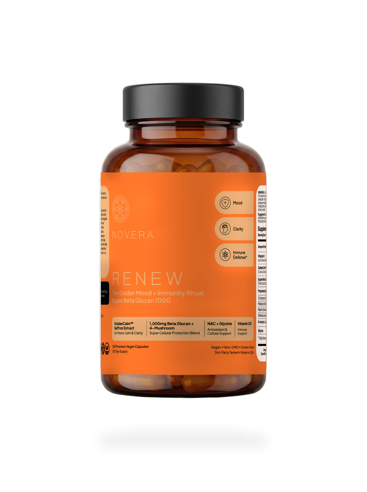 RENEW bottle by Novera — The Golden Mood + Immunity Ritual, 120 veg capsules. Label discloses GoldenCalm saffron extract, 1,000mg Beta Glucan with a four-mushroom Super Cellular Protection Blend, NAC with glycine, and vitamin D3.