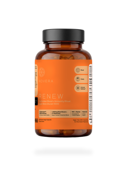 RENEW bottle by Novera — The Golden Mood + Immunity Ritual, 120 veg capsules. Label discloses GoldenCalm saffron extract, 1,000mg Beta Glucan with a four-mushroom Super Cellular Protection Blend, NAC with glycine, and vitamin D3.