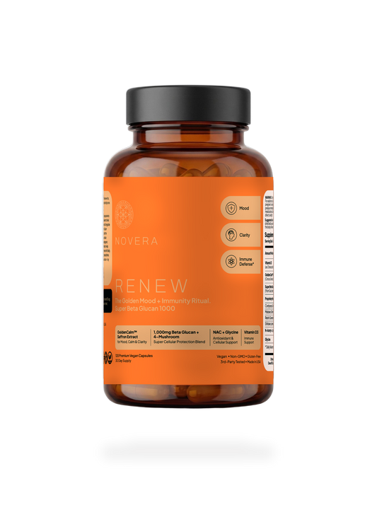 RENEW bottle by Novera — The Golden Mood + Immunity Ritual, 120 veg capsules. Label discloses GoldenCalm saffron extract, 1,000mg Beta Glucan with a four-mushroom Super Cellular Protection Blend, NAC with glycine, and vitamin D3.